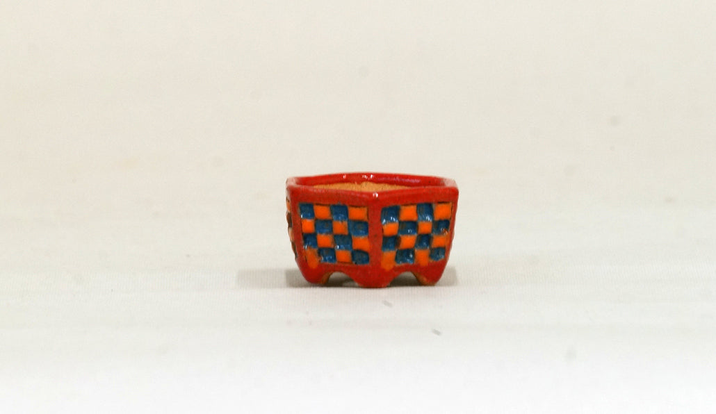 オレンジと青の市松六角鉢 みさき圭 3.5cm K018