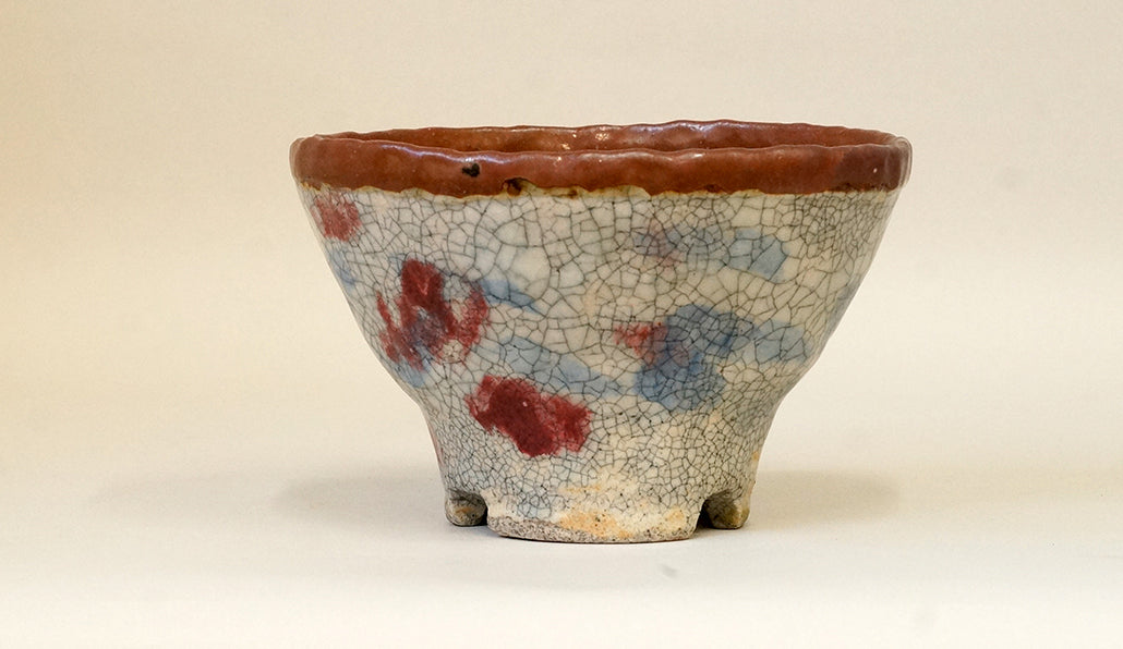 てるみ ワインレッド&ブルー丸模様の鉢 14.7cm