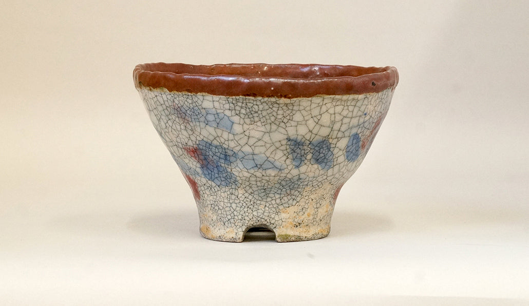 てるみ ワインレッド&ブルー丸模様の鉢 14.7cm
