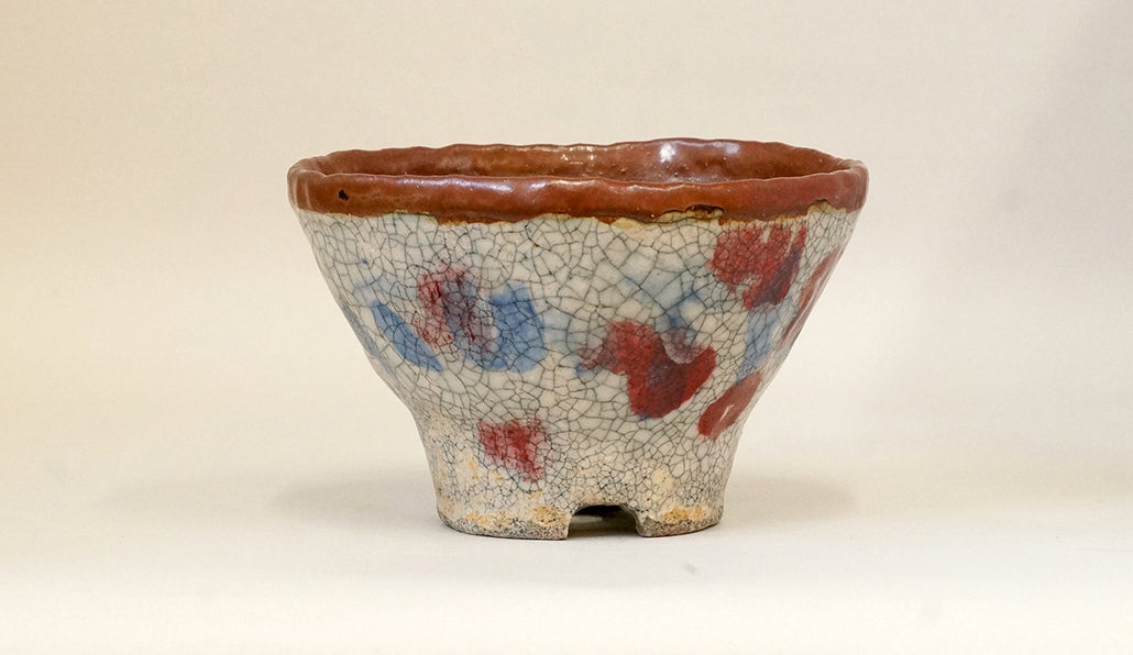 てるみ ワインレッド&ブルー丸模様の鉢 14.7cm