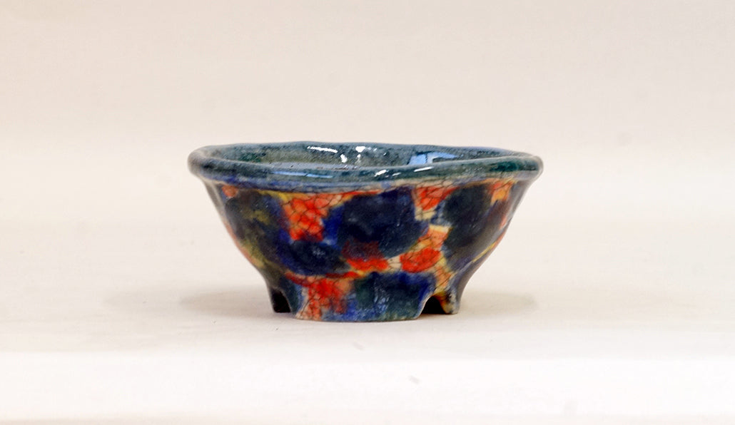 青と緑と赤の丸鉢 越前文山 12cm B076