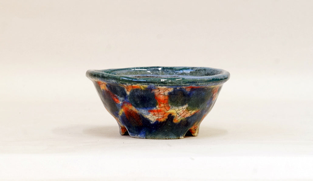 青と緑と赤の丸鉢 越前文山 12cm B076