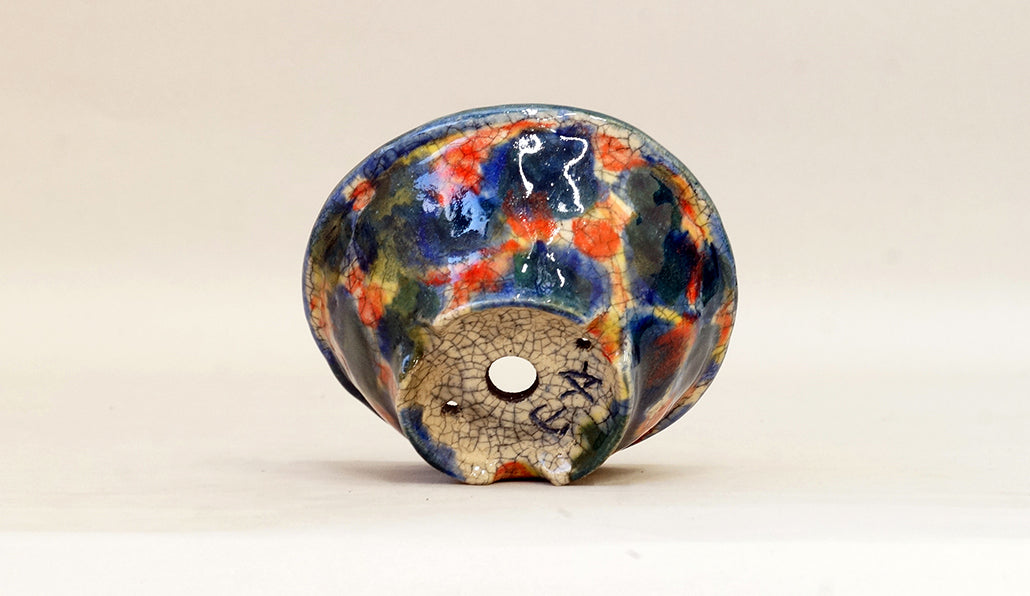 青と緑と赤の丸鉢 越前文山 12cm B076