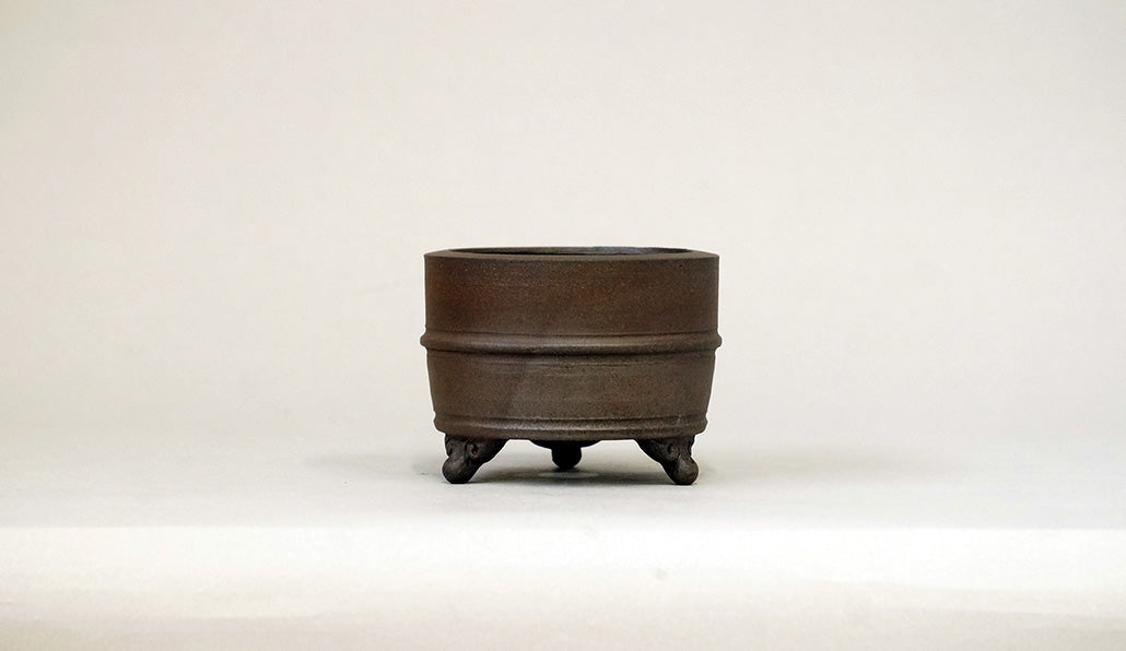 新品　燿山(英明)丸鉢　5鉢 盆栽鉢ストアゆきもの｜盆栽鉢｜英明｜紫泥樽型丸鉢 3脚付 英明 8.3cm