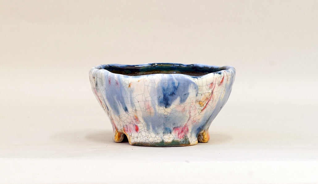 流れる青と白と赤の丸鉢 てるみ 12cm T050