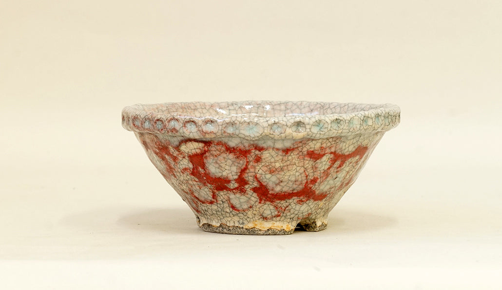 薄い水色と赤の丸鉢 てるみ 14cm T060