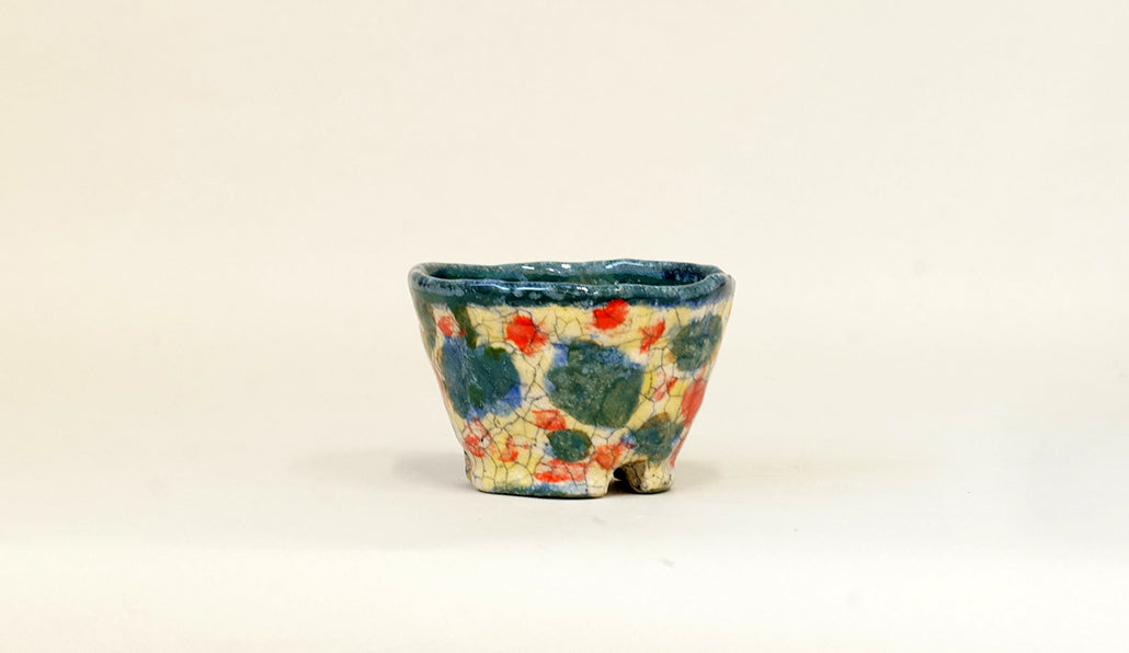 緑と青とオレンジと黄色の丸鉢 てるみ 8.8cm T066